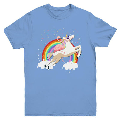 Flamingo Pink Bird Riding Unicorn Youth-Youth Shirt-Youth T-Shirt-Carolina Blue