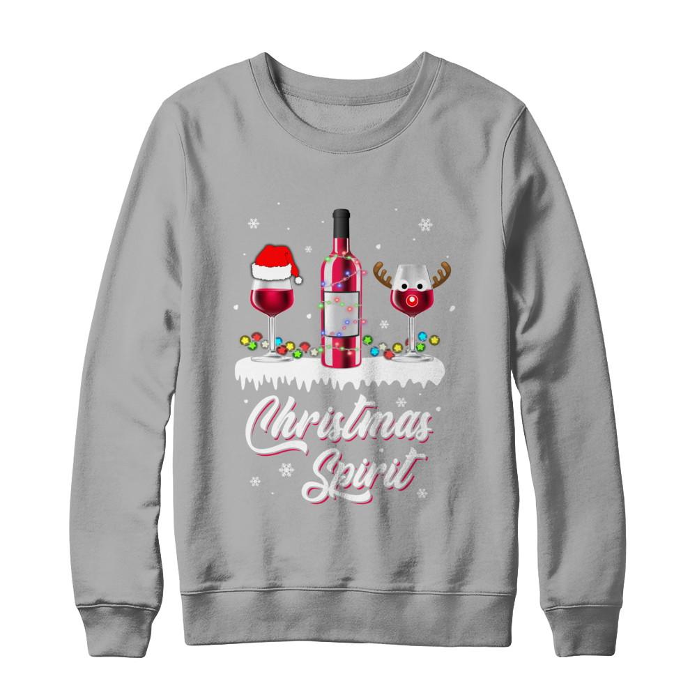 Christmas Spirits Santa Hat Wine Funny Christmas Gifts-T-Shirt & Sweatshirt-Crewneck Sweatshirt-Light Steel
