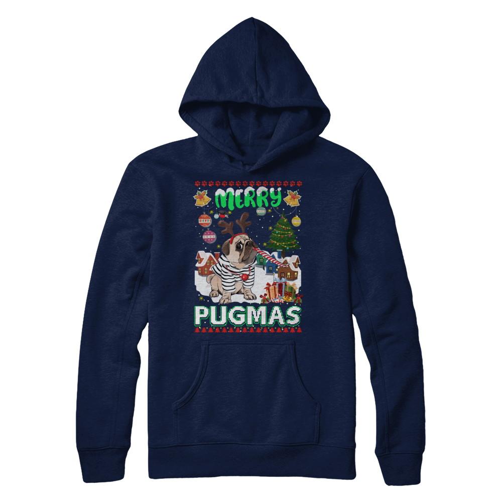 Cute Pug Christmas Merry Pugmas Ugly Sweater Christmas-T-Shirt & Sweatshirt-Pullover Hoodie-Navy