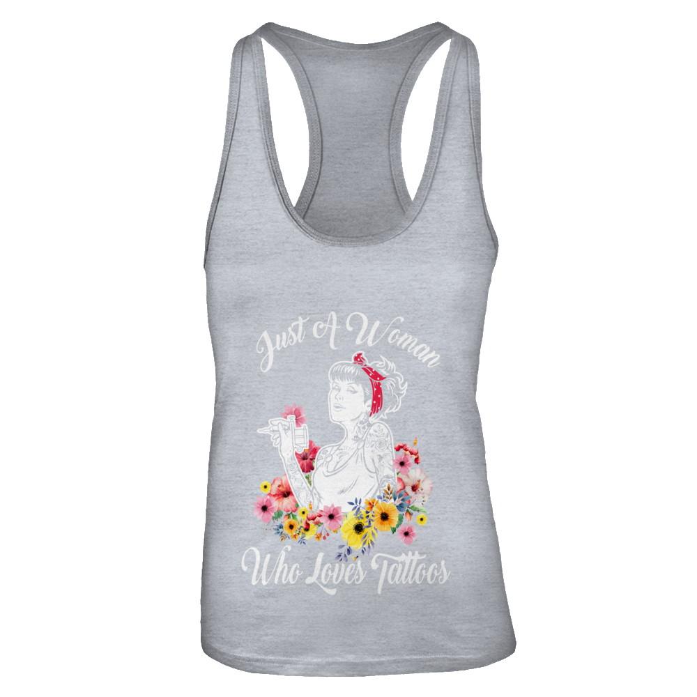 Just A Woman Who Loves Tattoos-T-Shirt & Tank Top-Women's Ideal Racerback Tank-Heather Grey