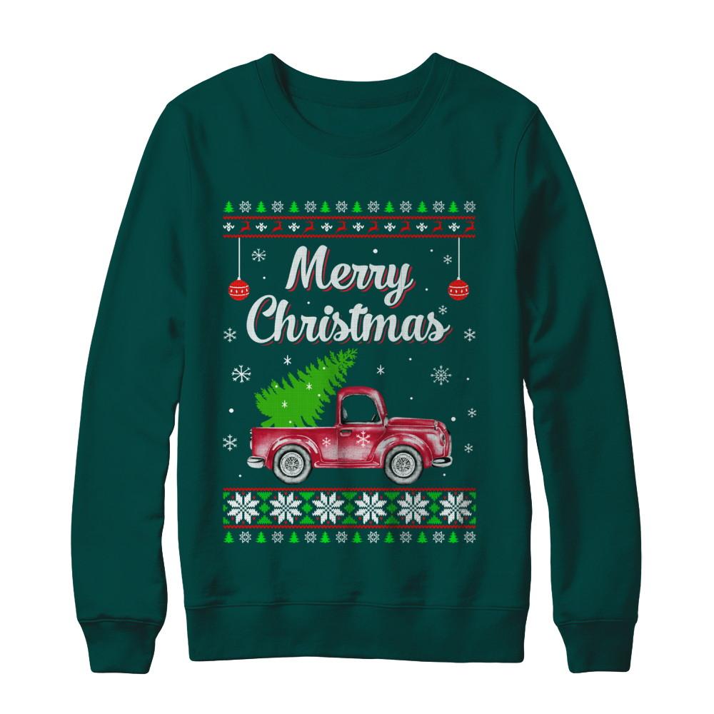 Snow Tree Truck Merry Christmas Ugly Sweater-T-Shirt & Sweatshirt-Crewneck Sweatshirt-Deep Forest
