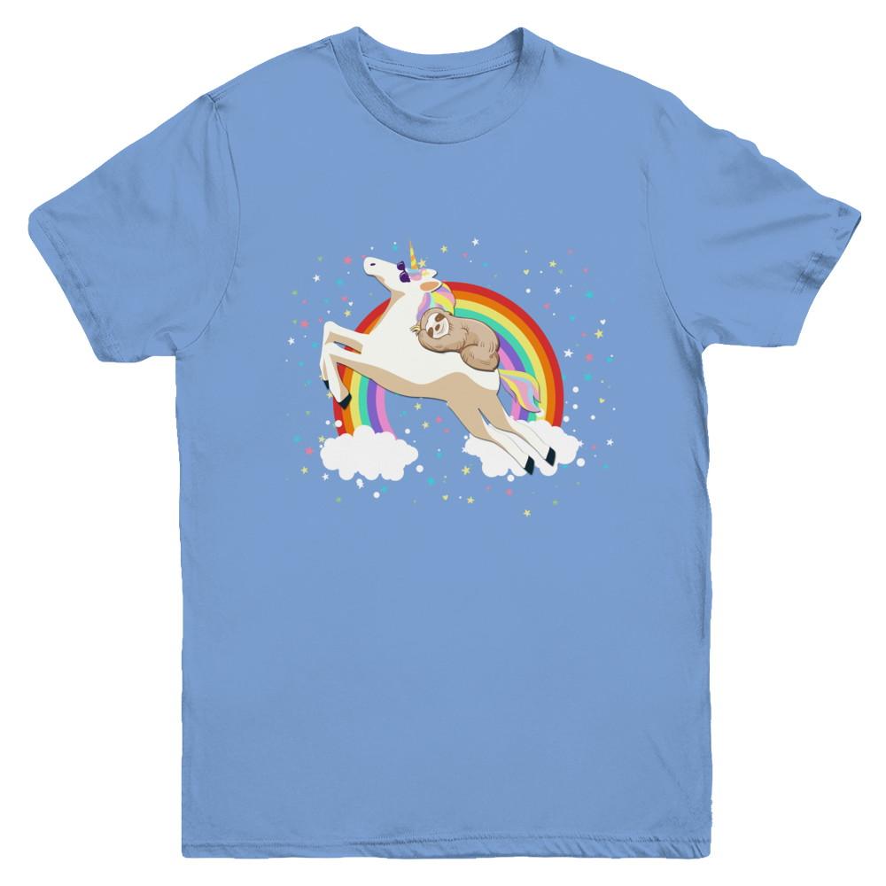 Funny Sloth Riding Unicorn Lover Youth-Youth Shirt-Youth T-Shirt-Carolina Blue