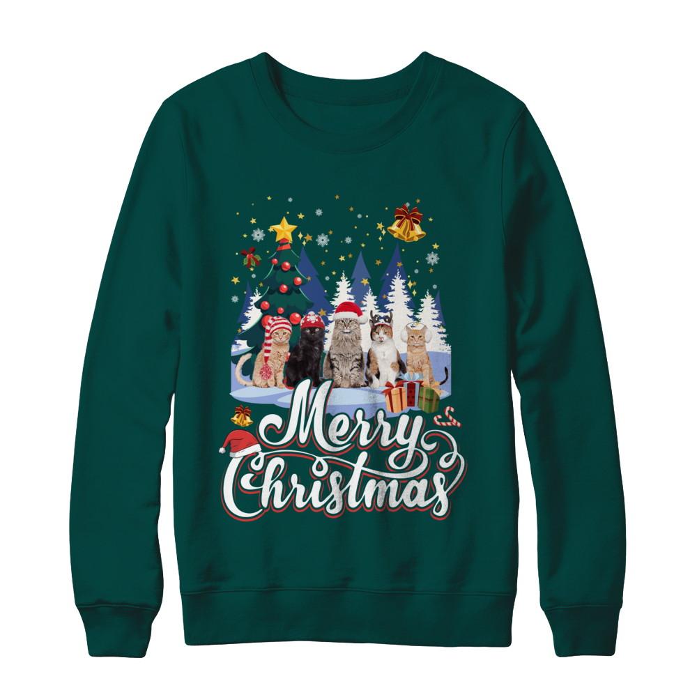 Merry Christmas Cat Women Girls Christmas Gift-T-Shirt & Sweatshirt-Crewneck Sweatshirt-Deep Forest