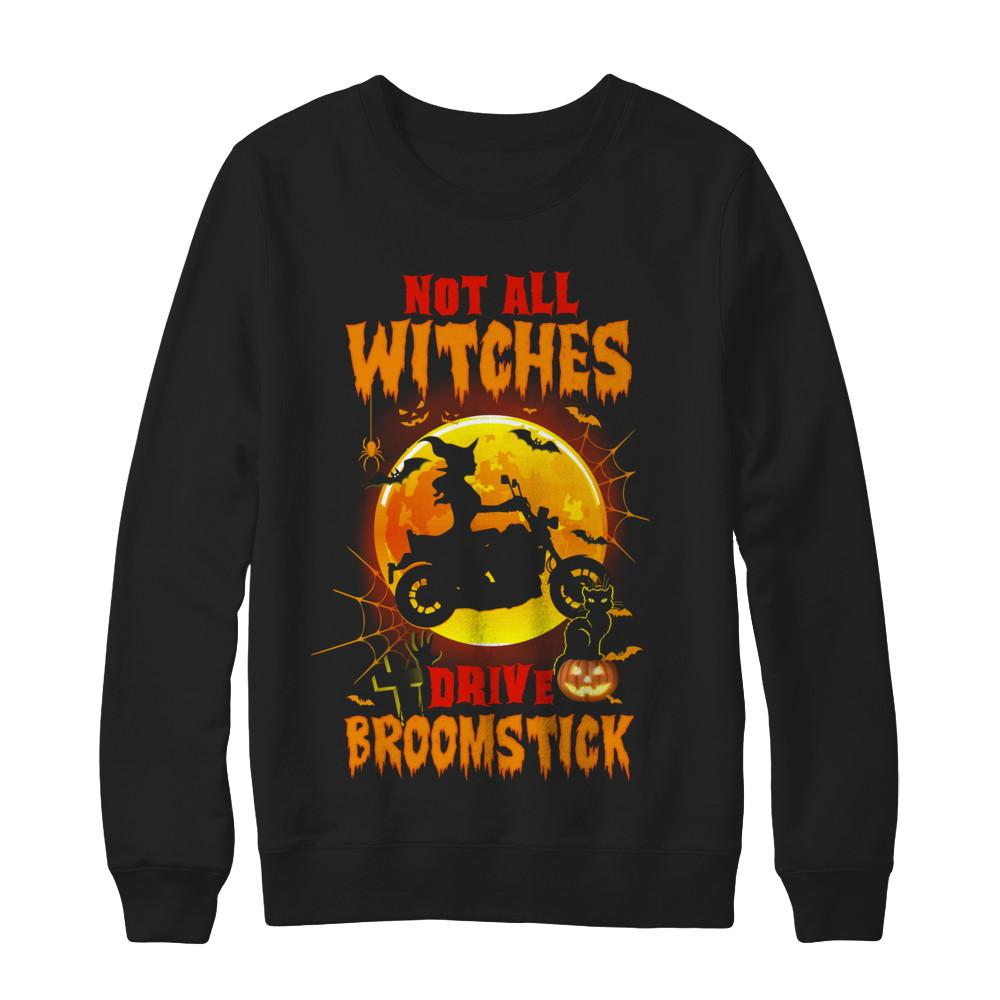 Not All Witches Drive Broom Funny Halloween Biker-T-Shirt & Sweatshirt-Crewneck Sweatshirt-Black