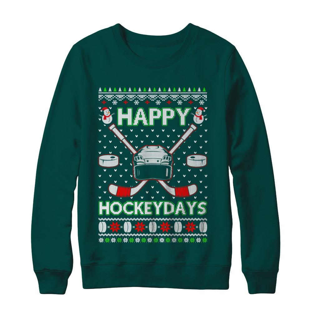 Happy Hockeydays Hockey Ugly Christmas Sweater-T-Shirt & Sweatshirt-Crewneck Sweatshirt-Deep Forest