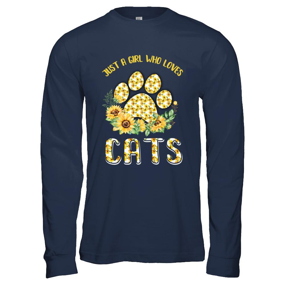 Just A Girl Who Loves Cats And Sunflowers-T-Shirt & Hoodie-Long Sleeve T-Shirt-Navy
