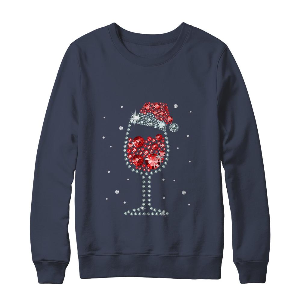 Diamond Wine Glasses Santa Hat Christmas-T-Shirt & Sweatshirt-Crewneck Sweatshirt-Navy