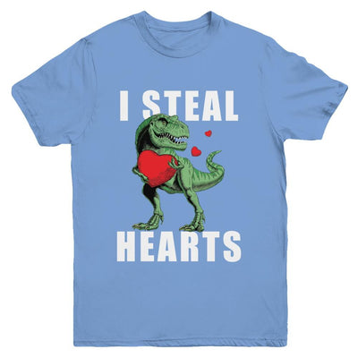 I Steal Hearts Funny Valentines Day Dinosaur T-Rex Boys Youth-Youth Shirt-Youth T-Shirt-Carolina Blue