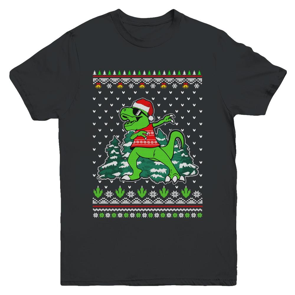 Funny Dab Dabbing Dinosaur Ugly Christmas Sweater Xmas Youth-Youth Shirt-Youth T-Shirt-Black