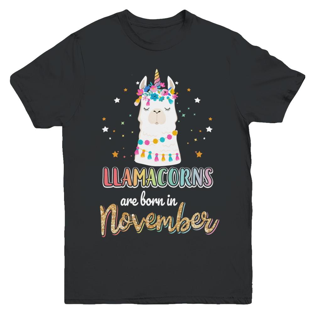 Llama Unicorn Llamacorns Born In November Birthday Gift Youth-Youth Shirt-Youth T-Shirt-Black