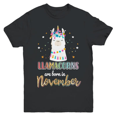 Llama Unicorn Llamacorns Born In November Birthday Gift Youth-Youth Shirt-Youth T-Shirt-Black