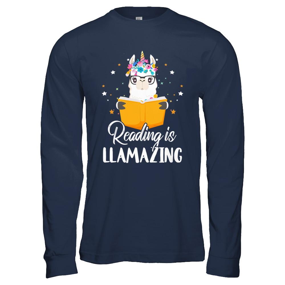 Reading Is Llamazing Llama Reading Book Lover-T-Shirt & Hoodie-Long Sleeve T-Shirt-Navy