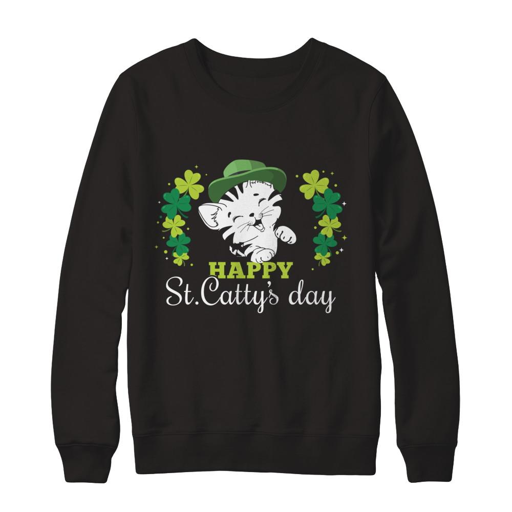 Happy St Catty's Day Saint Patrick's Day Cat-T-Shirt & Hoodie-Crewneck Sweatshirt-Black