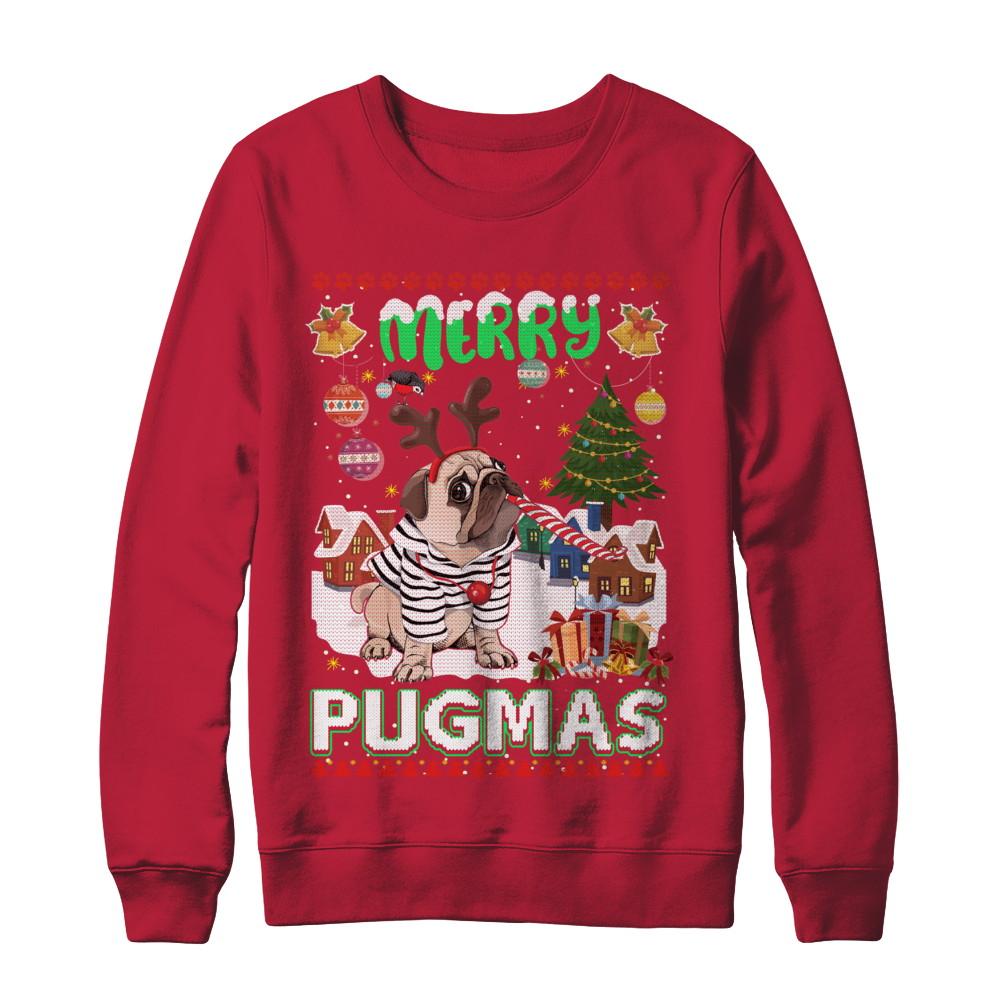 Cute Pug Christmas Merry Pugmas Ugly Sweater Christmas-T-Shirt & Sweatshirt-Crewneck Sweatshirt-Red