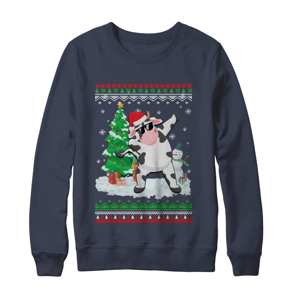 Santa Hat Cow Dabbing Christmas Ugly Sweater-T-Shirt & Sweatshirt-Crewneck Sweatshirt-Navy