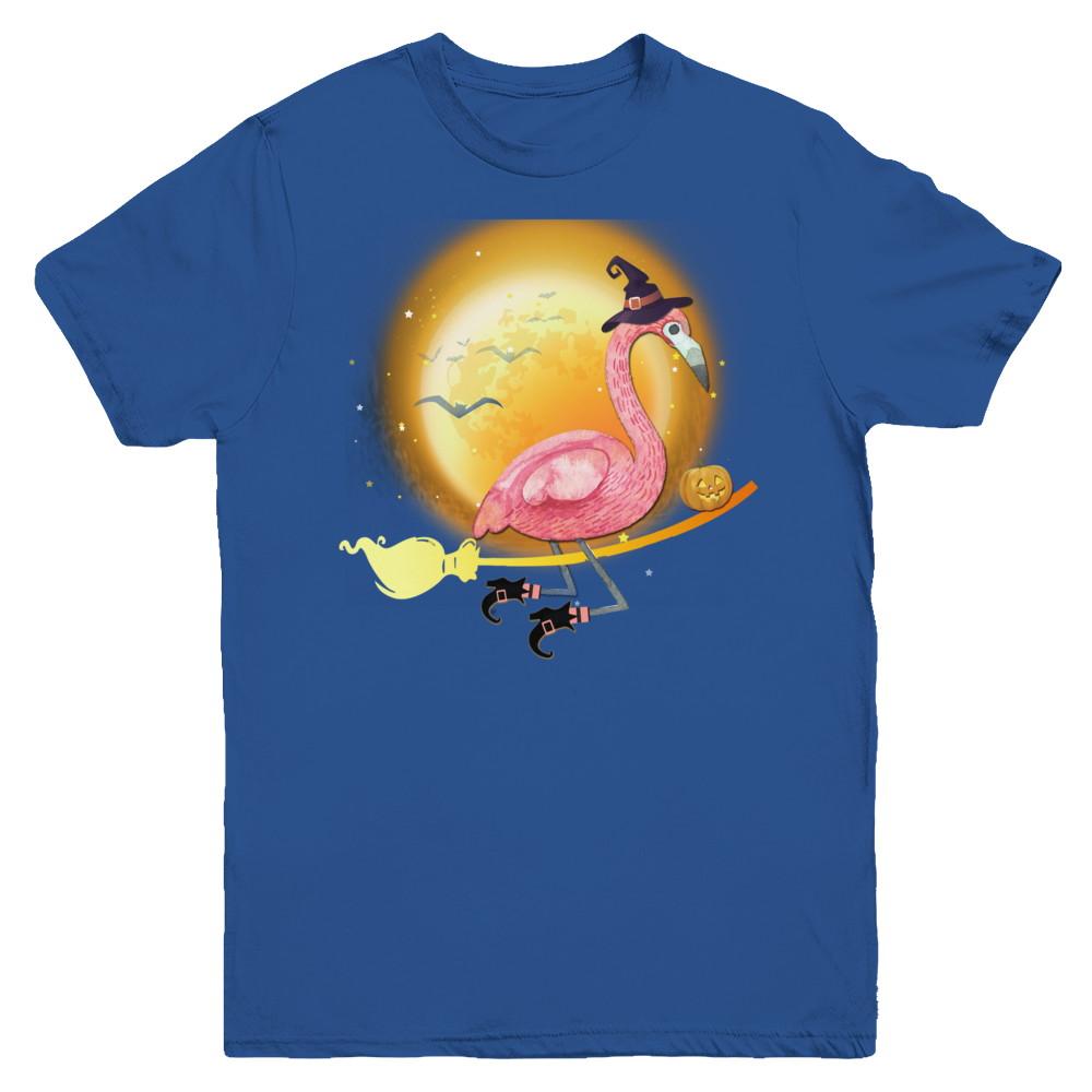Funny Halloween Flamingo Witch Broom Scary Youth-Youth Shirt-Youth T-Shirt-Royal
