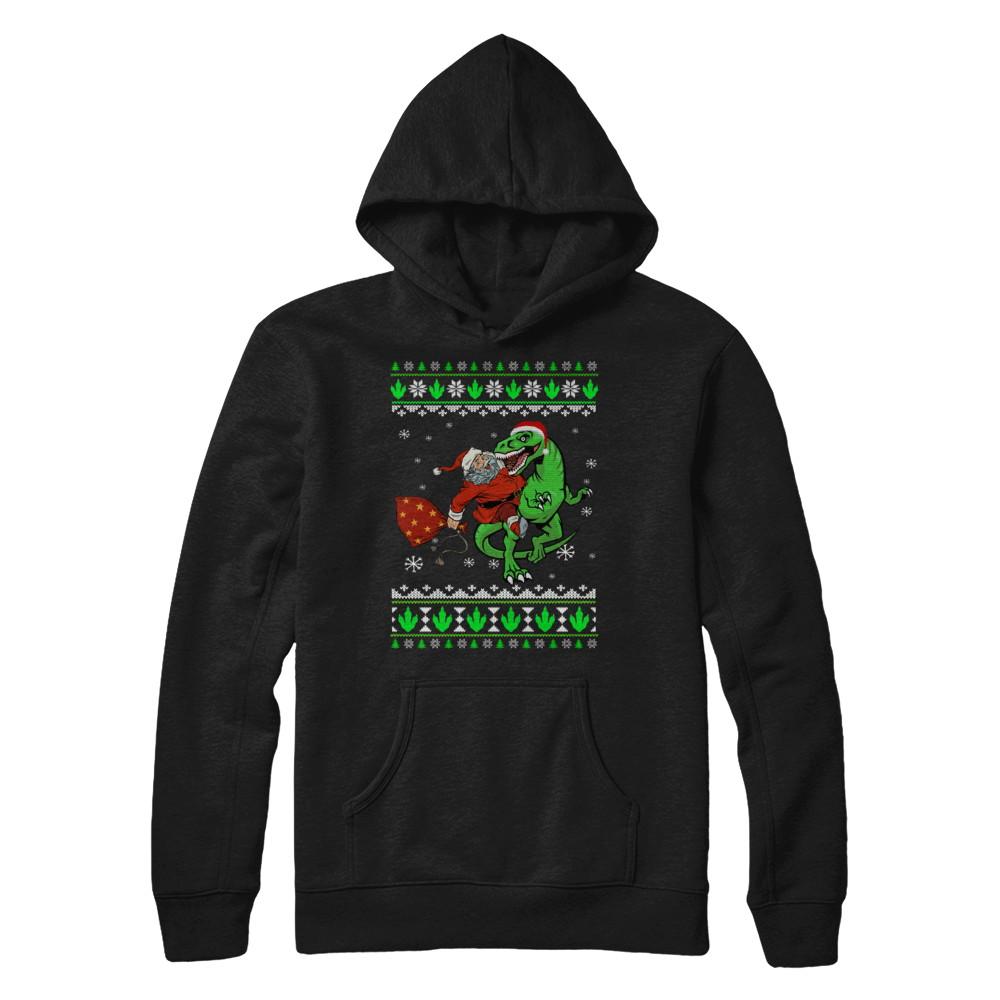 Santa Riding Dinosaur T-Rex Ugly Christmas Sweater-T-Shirt & Sweatshirt-Pullover Hoodie-Black