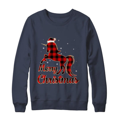 Red Buffalo Plaid Unicorn Merry Christmas-T-Shirt & Sweatshirt-Crewneck Sweatshirt-Navy