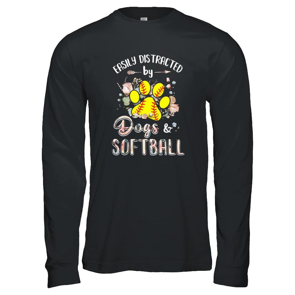Easily Distracted By Dogs And Softball-T-Shirt & Tank Top-Long Sleeve T-Shirt-Black