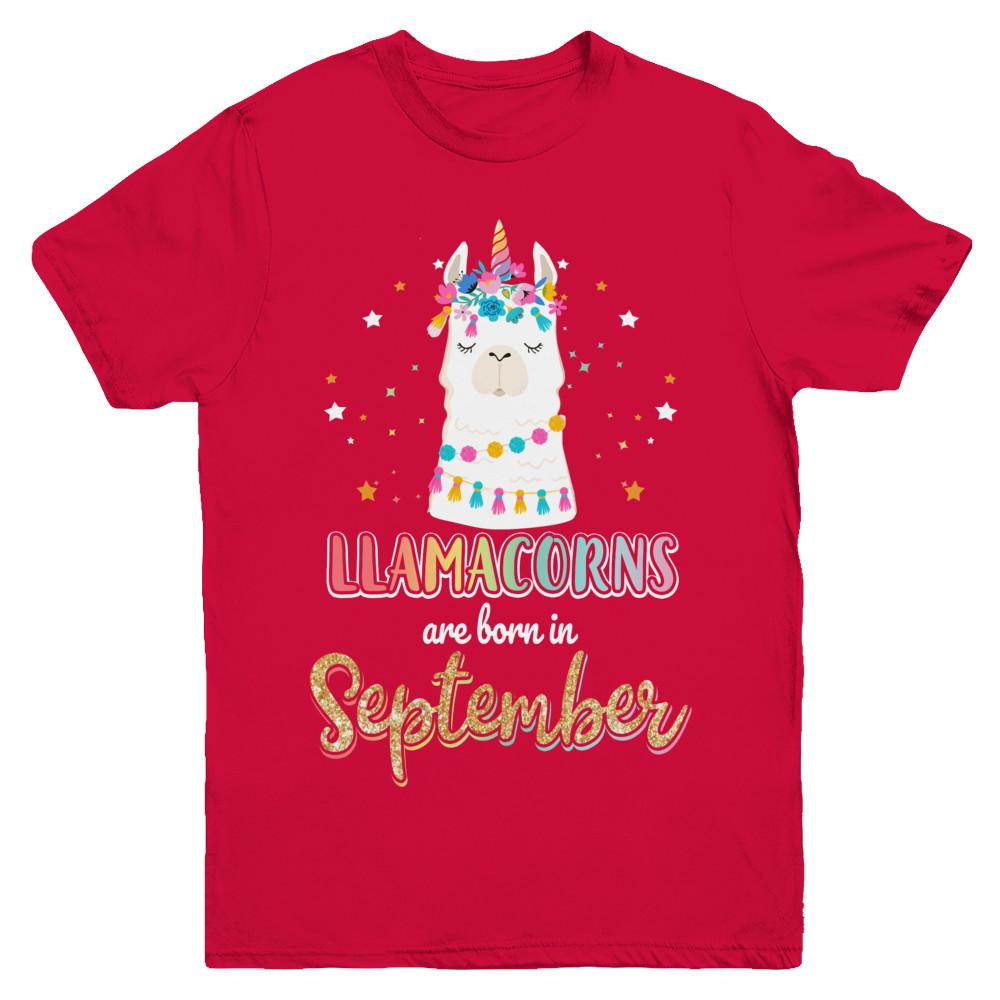 Llama Unicorn Llamacorns Born In September Birthday Gift Youth-Youth Shirt-Youth T-Shirt-Red