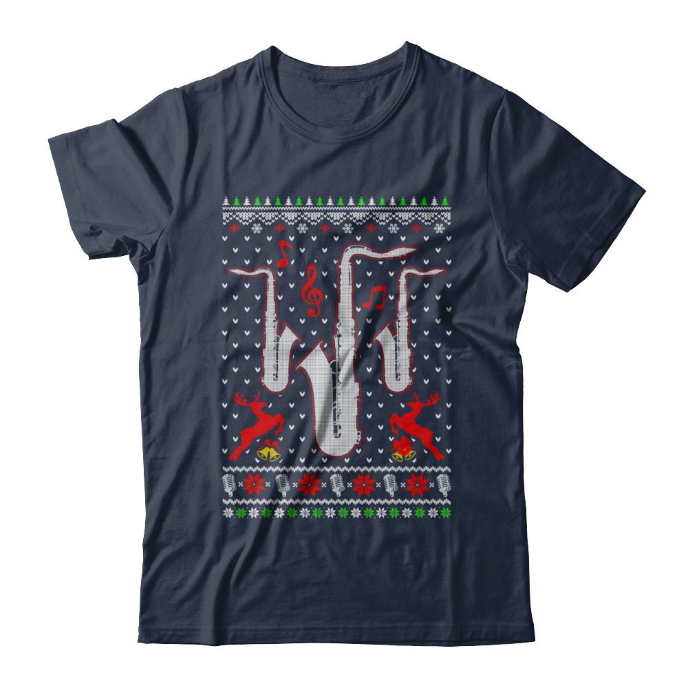 Santa Saxophone Ugly Christmas Sweater Gifts-T-Shirt & Sweatshirt-Classic T-Shirt-Navy