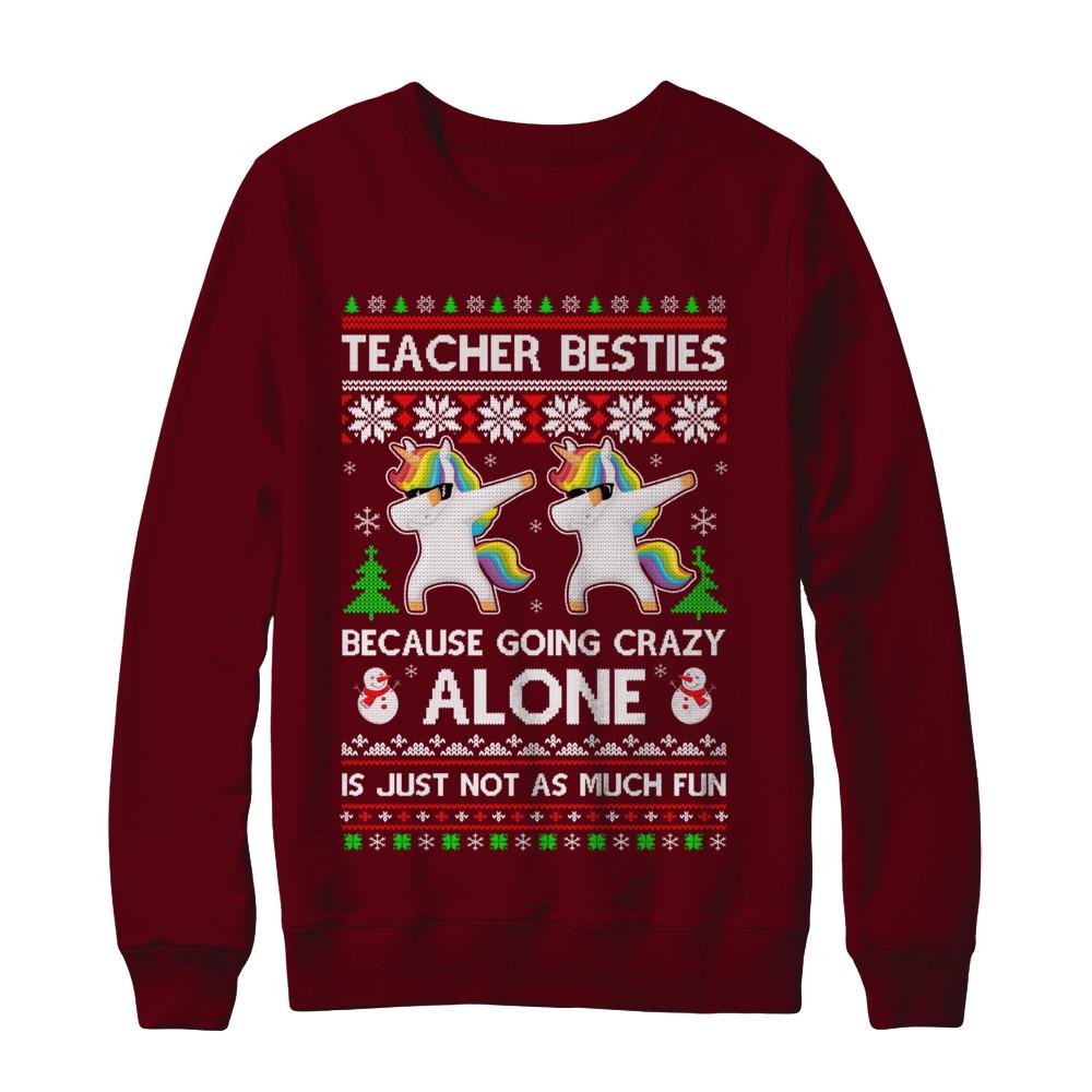 Unicorn Dabbing Teacher Besties Ugly Christmas Sweater-T-Shirt & Sweatshirt-Crewneck Sweatshirt-Maroon