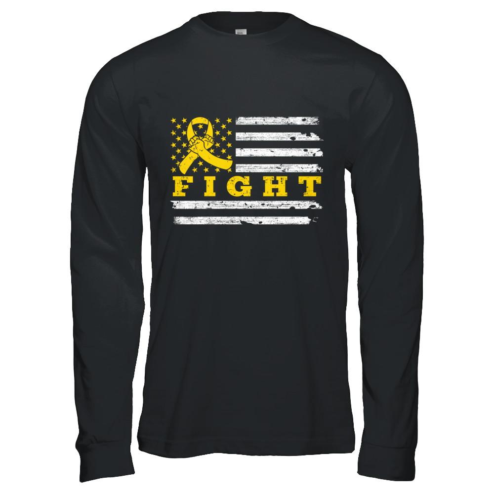 Fight Gold Yellow Ribbon US Flag Childhood Cancer Awareness-T-Shirt & Hoodie-Long Sleeve T-Shirt-Black