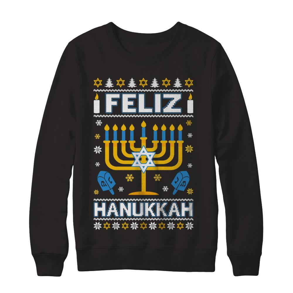 Happy Hanukkah Ugly Sweater Feliz Chanukah Menorah-T-Shirt & Sweatshirt-Crewneck Sweatshirt-Black
