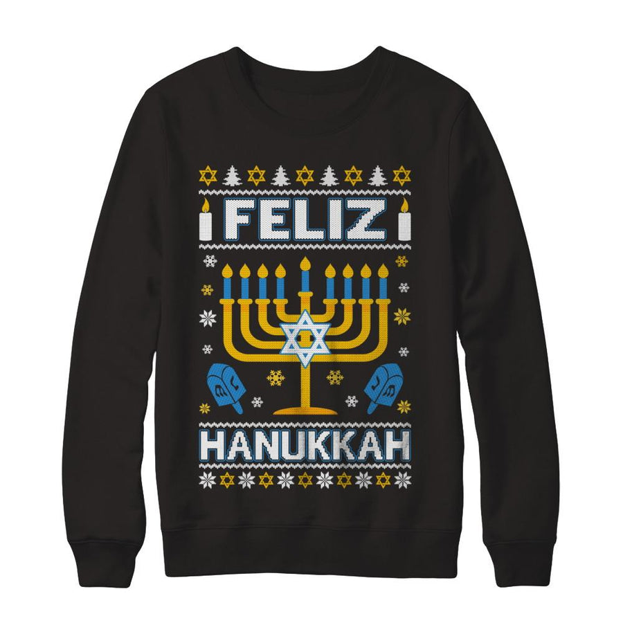 Happy Hanukkah Ugly Sweater Feliz Chanukah Menorah-T-Shirt & Sweatshirt-Crewneck Sweatshirt-Black
