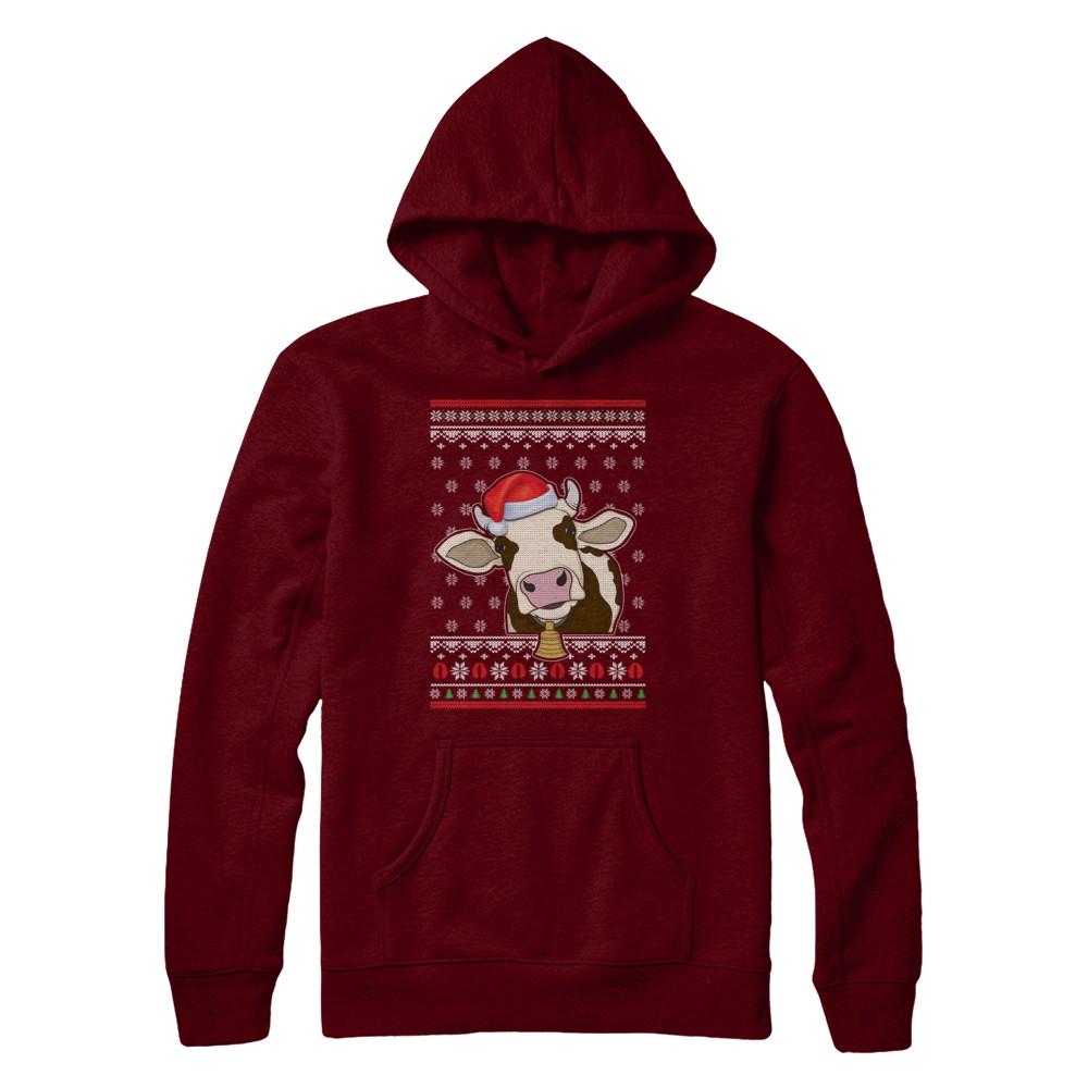 Pajamas Cow With Santa Hat Ugly Christmas Sweater-T-Shirt & Sweatshirt-Pullover Hoodie-Maroon