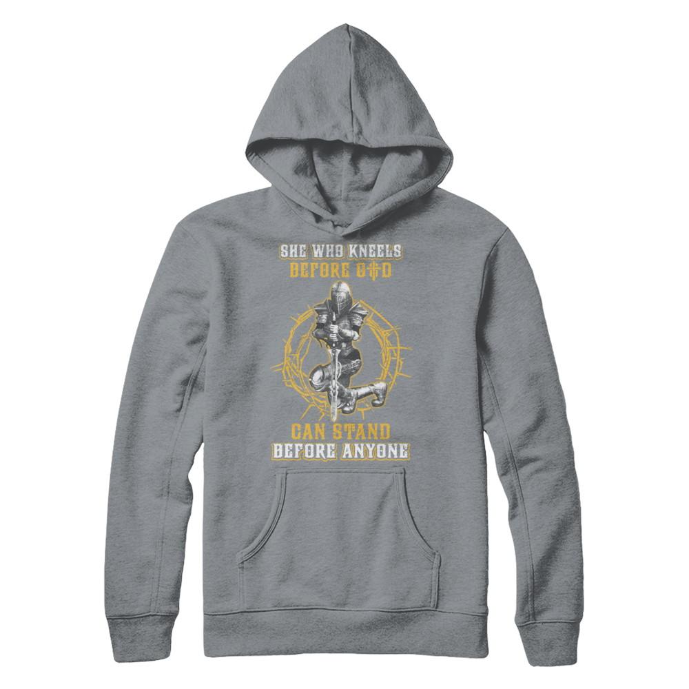 Knight American She Who Kneels Before God Can Stand Before Anyone-T-Shirt & Hoodie-Pullover Hoodie-Light Steel