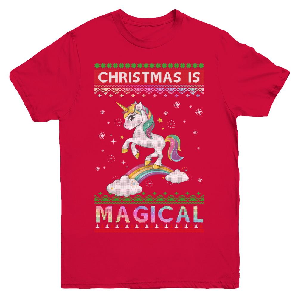 Christmas Is Magical Unicorn Ugly Christmas Sweater Youth-Youth Shirt-Youth T-Shirt-Red