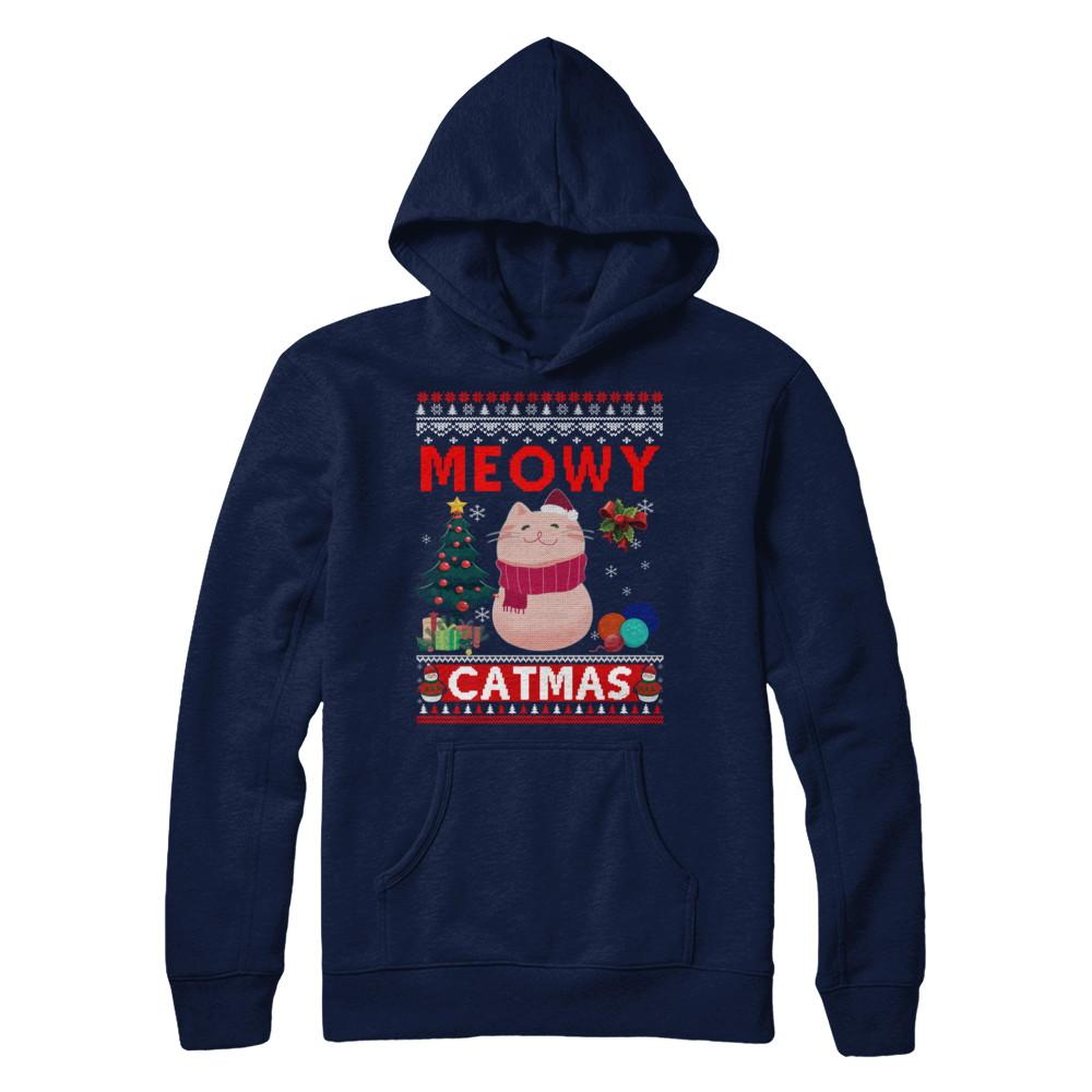 Meowy Catmas Ugly Sweater Cat Christmas-T-Shirt & Sweatshirt-Pullover Hoodie-Navy