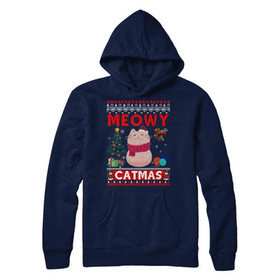 Meowy Catmas Ugly Sweater Cat Christmas-T-Shirt & Sweatshirt-Pullover Hoodie-Navy