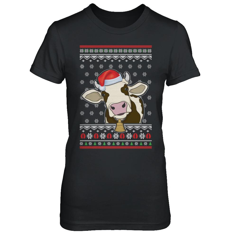 Pajamas Cow With Santa Hat Ugly Christmas Sweater-T-Shirt & Sweatshirt-Women's T-Shirt-Black