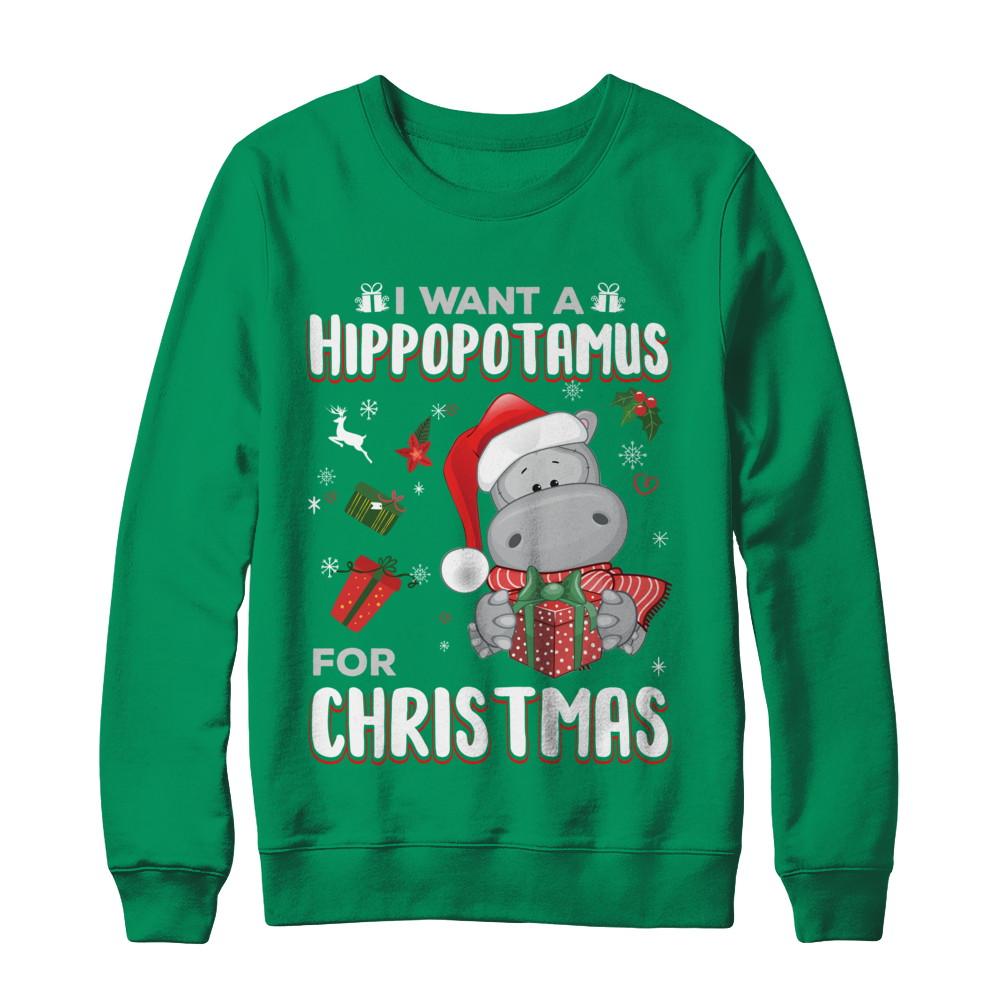 I Want A Hippopotamus For Christmas Hippo-T-Shirt & Sweatshirt-Crewneck Sweatshirt-Irish Green
