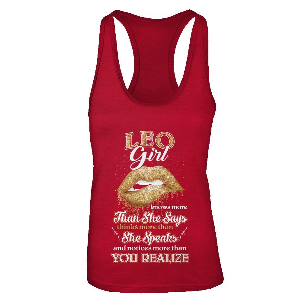 Leo Girl Knows More Than She Says July August Birthday-T-Shirt & Tank Top-Women's Ideal Racerback Tank-Red