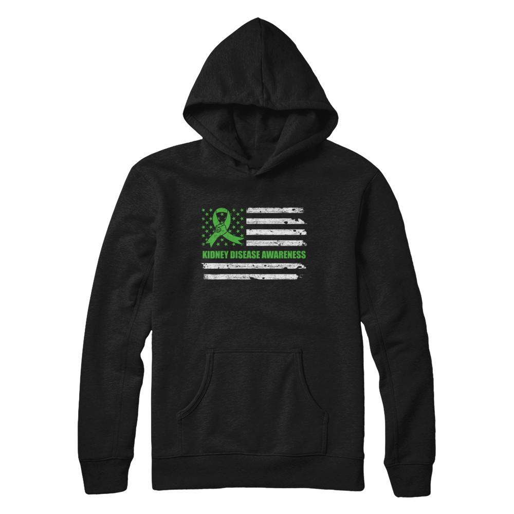 Green Ribbon Kidney Disease Awareness US Flag-T-Shirt & Hoodie-Pullover Hoodie-Black