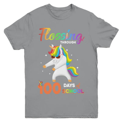 Flossing through 100 Days of School Unicorn Girl Youth-Youth Shirt-Youth T-Shirt-Sport Grey