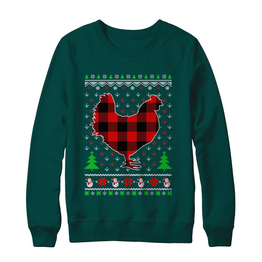 Funny Holiday Chicken Red Plaid Ugly Christmas Sweater-T-Shirt & Sweatshirt-Crewneck Sweatshirt-Deep Forest