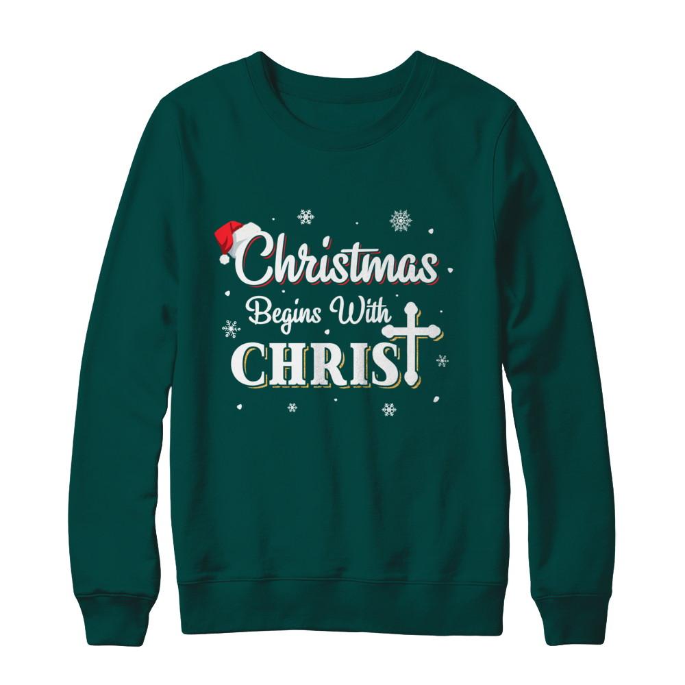 Christmas Begins With Christ Merry Christmas Christian-T-Shirt & Sweatshirt-Crewneck Sweatshirt-Deep Forest