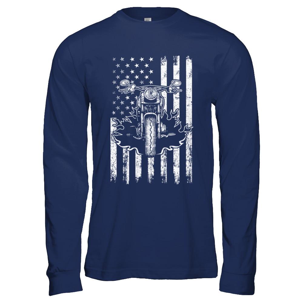 American Motorcycle Motorbike Us Flag Cool Biker-T-Shirt & Hoodie-Long Sleeve T-Shirt-Navy