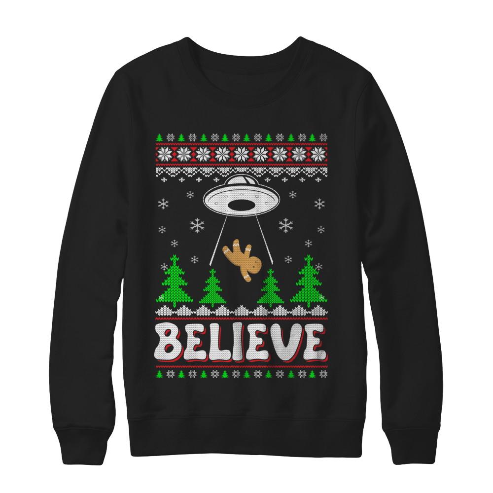 Believe UFO Gingerbread Ugly Christmas Sweater-T-Shirt & Sweatshirt-Crewneck Sweatshirt-Black
