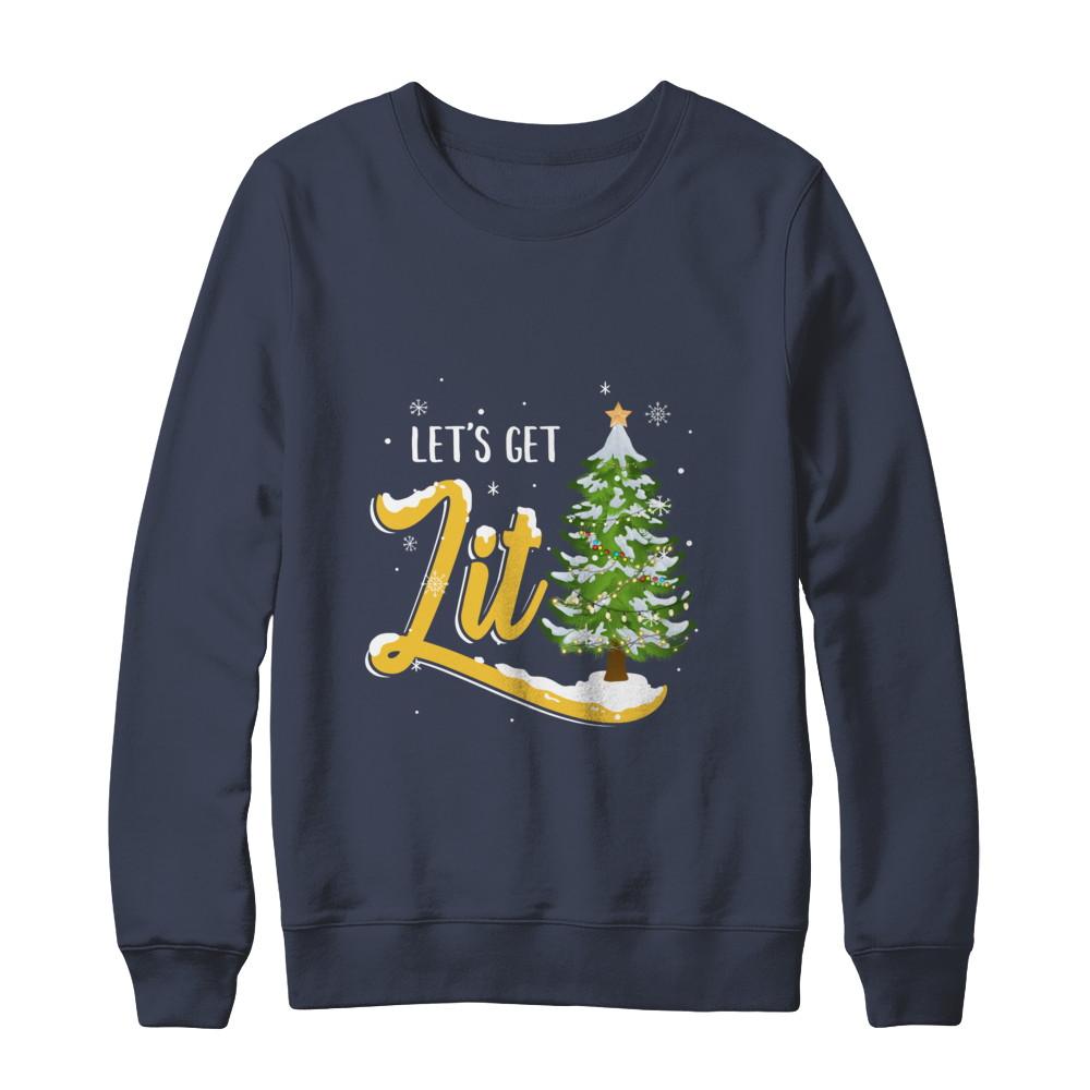 Let's Get Lit Funny Christmas Tree Drinking Beer-T-Shirt & Sweatshirt-Crewneck Sweatshirt-Navy