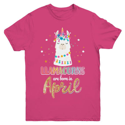 Llama Unicorn Llamacorns Born In April Birthday Gift Youth-Youth Shirt-Youth T-Shirt-Heliconia