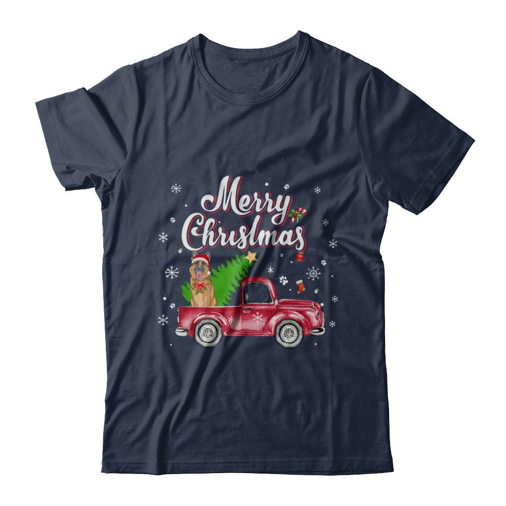 German Shepherd Retriever Rides Red Truck Christmas Pajama-T-Shirt & Sweatshirt-Classic T-Shirt-Navy