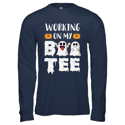 Working On My Boo Tee Funny Ghost Halloween-T-Shirt & Hoodie-Long Sleeve T-Shirt-Navy