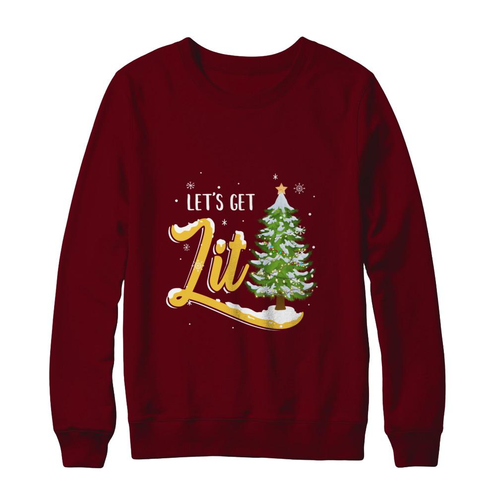 Let's Get Lit Funny Christmas Tree Drinking Beer-T-Shirt & Sweatshirt-Crewneck Sweatshirt-Maroon
