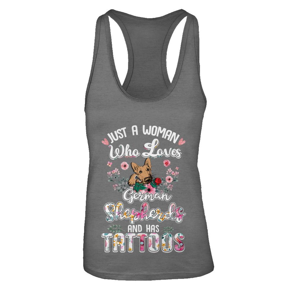 Just A Woman Who Loves German Shepherds And Has Tattoos-T-Shirt & Tank Top-Women's Ideal Racerback Tank-Dark Grey