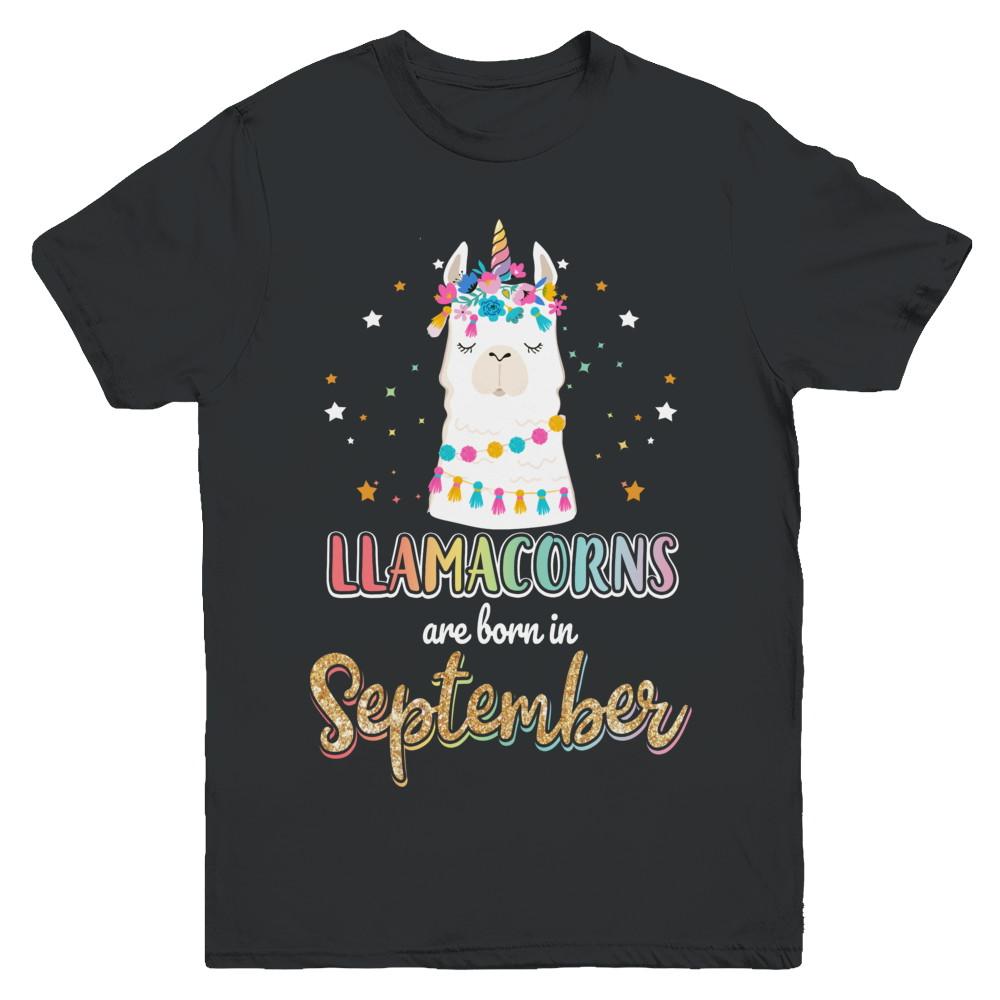 Llama Unicorn Llamacorns Born In September Birthday Gift Youth-Youth Shirt-Youth T-Shirt-Black